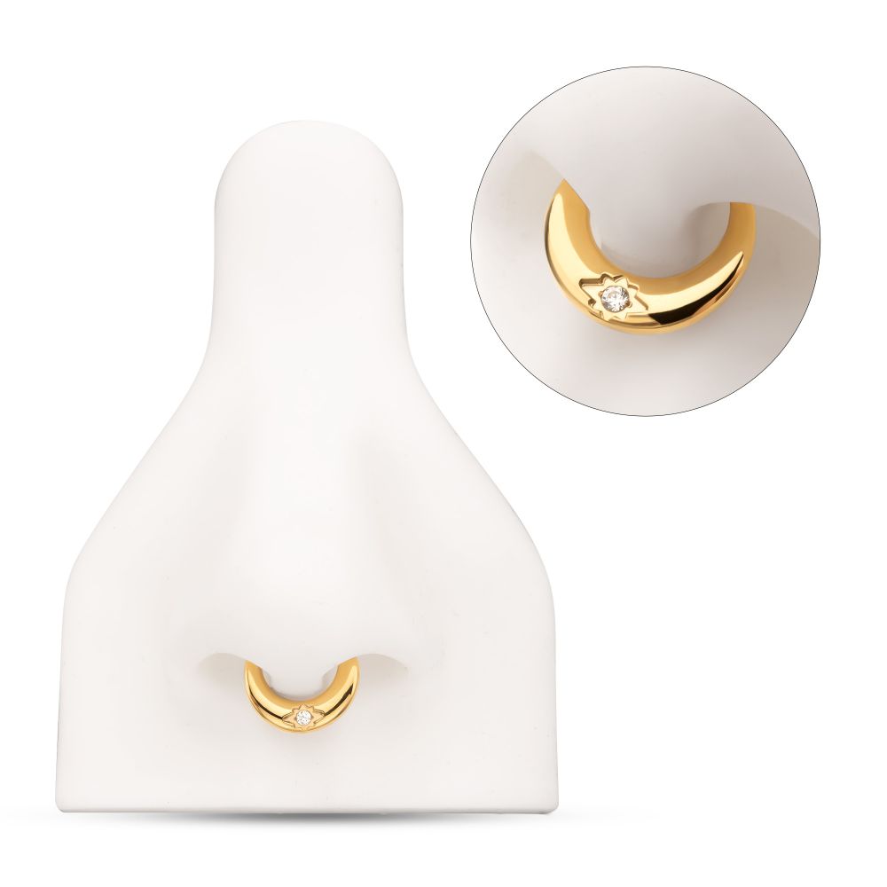 24Kt Gold PVD Titanium Etched Design with Prong Set Gem Sleek Dome Septum Front Facing Hinged Segment Clicker