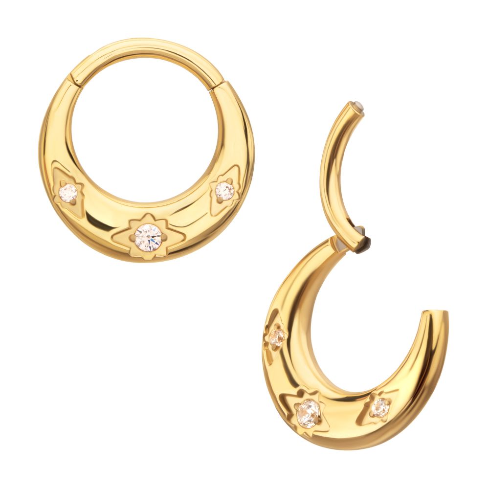24Kt Gold PVD Titanium Triple Etched Design with Prong Set Gem Sleek Dome Septum Front Facing Hinged Segment Clicker