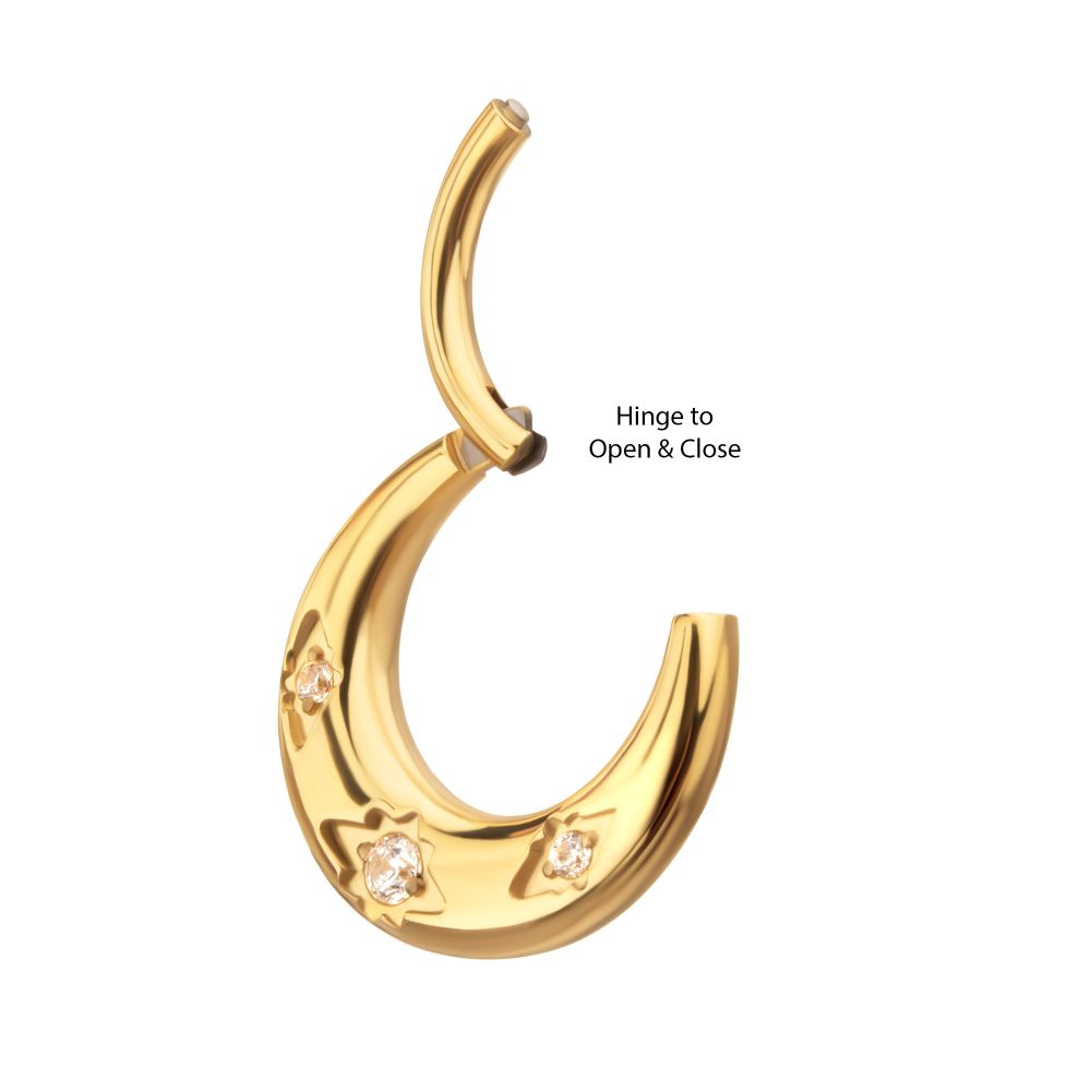 24Kt Gold PVD Titanium Triple Etched Design with Prong Set Gem Sleek Dome Septum Front Facing Hinged Segment Clicker