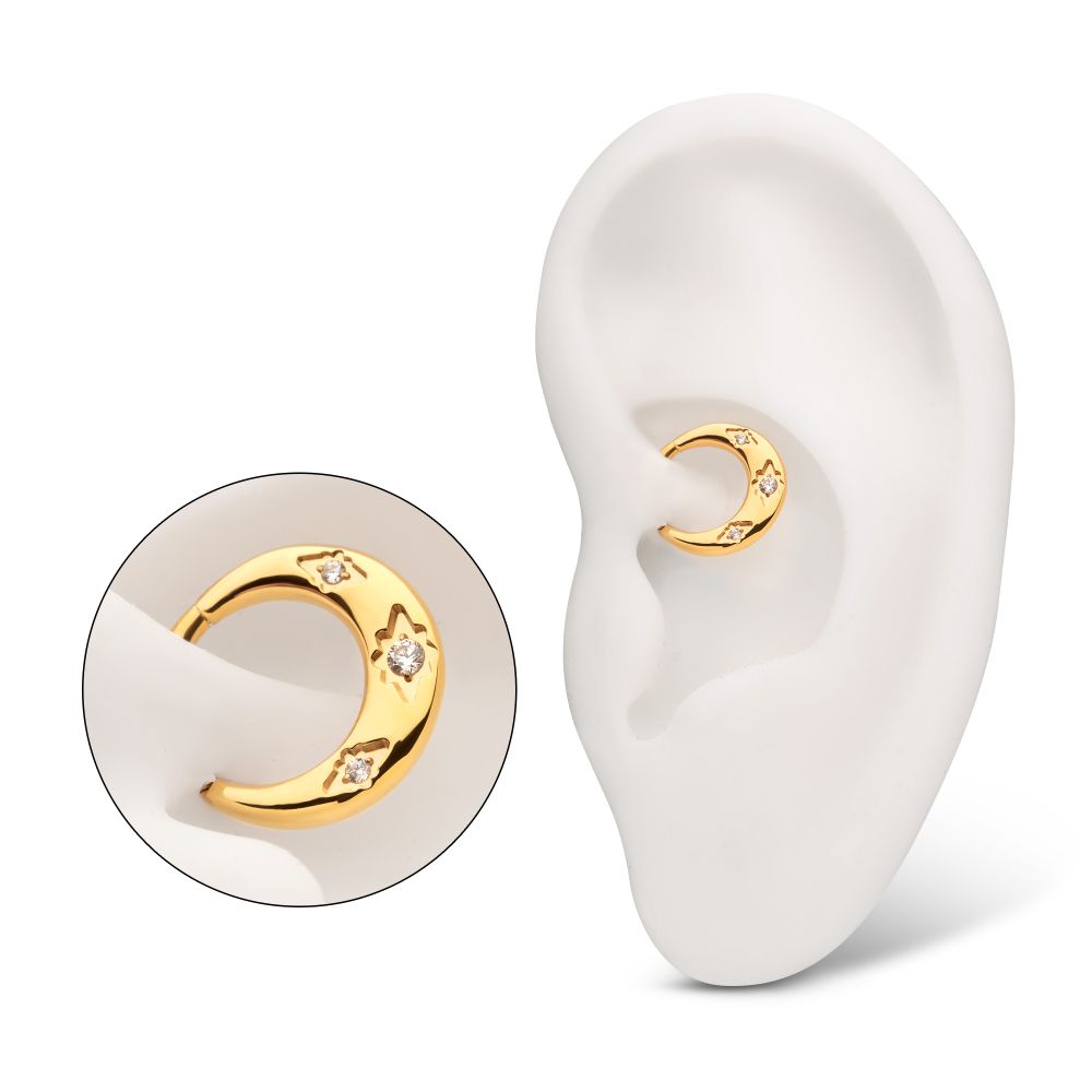 24Kt Gold PVD Titanium Triple Etched Design with Prong Set Gem Sleek Dome Septum Front Facing Hinged Segment Clicker