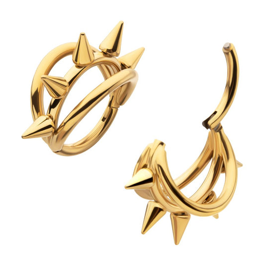 24Kt Gold PVD Titanium Five-Spiked Open Stack Triple Hoop Hinged Segment Clicker