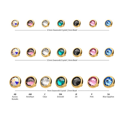 14g 24Kt Gold PVD Titanium Internally Threaded Low Profile Bezel Set Swarovski Crystal Dermal Top