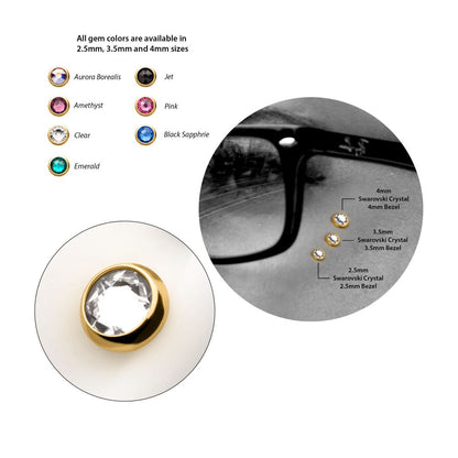 14g 24Kt Gold PVD Titanium Internally Threaded Low Profile Bezel Set Swarovski Crystal Dermal Top