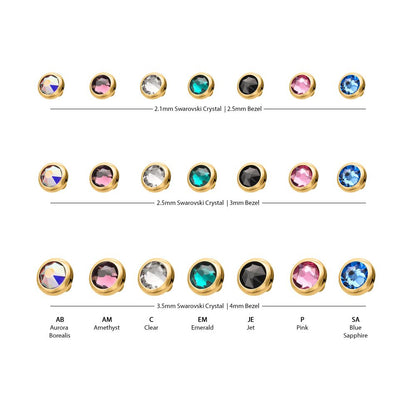 16g 24Kt Gold PVD Titanium Internally Threaded Low Profile Bezel Set Swarovski Crystal Dermal Top