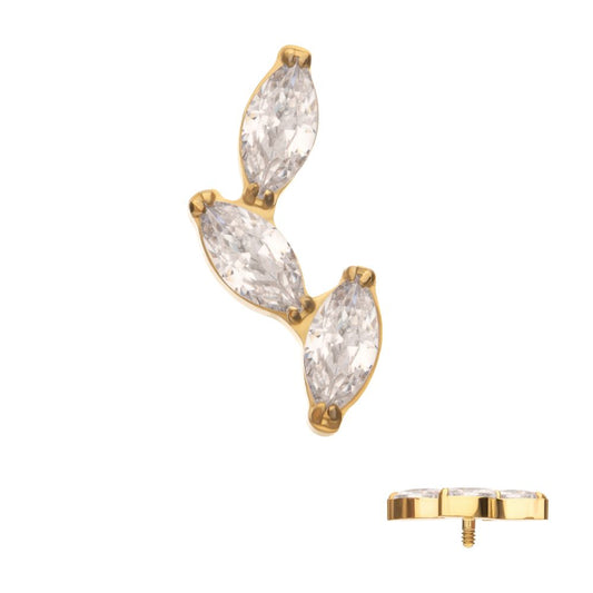 24Kt Gold PVD Titanium Internally Threaded Vine Shape Top with 3-Tier Full Clear CZ Gem Marquise