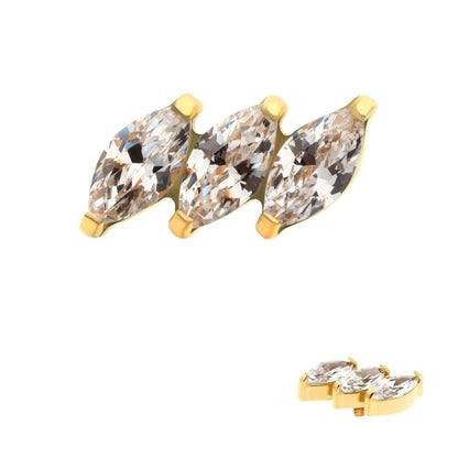 24Kt Gold PVD Titanium Internally Threaded Prong Set Marquise CZ Diagonal 3-Cluster Top
