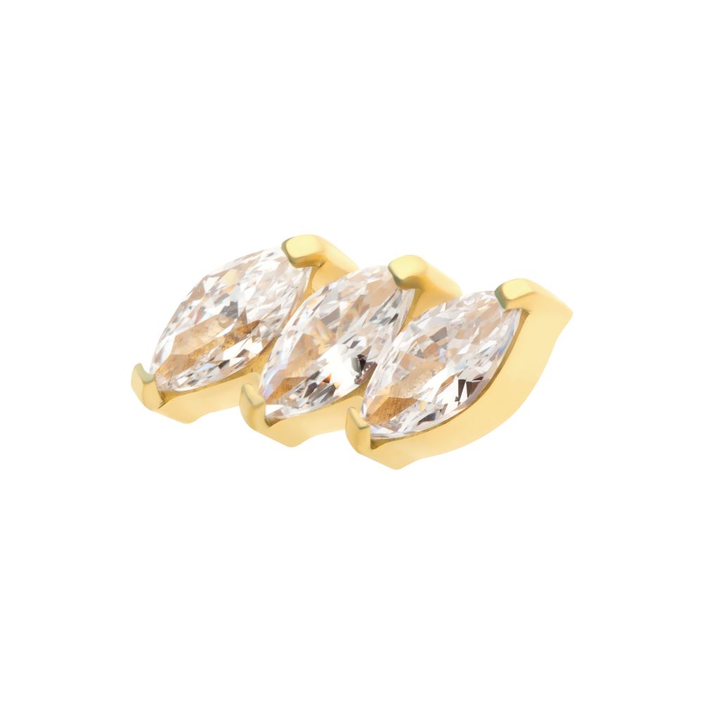 24Kt Gold PVD Titanium Internally Threaded Prong Set Marquise CZ Diagonal 3-Cluster Top