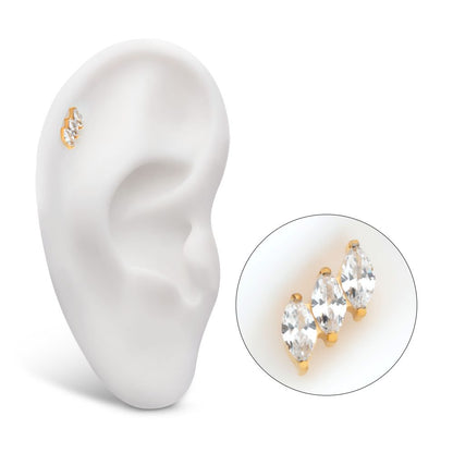 24Kt Gold PVD Titanium Internally Threaded Prong Set Marquise CZ Diagonal 3-Cluster Top