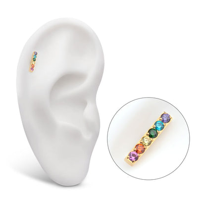 24Kt Gold PVD Titanium Internally Threaded Prong Set Rainbow CZ 6-Cluster Bar Top