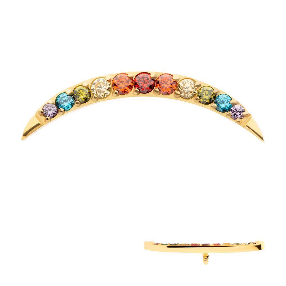 24Kt Gold PVD Titanium Internally Threaded Multicolor CZ Curved Bar Top