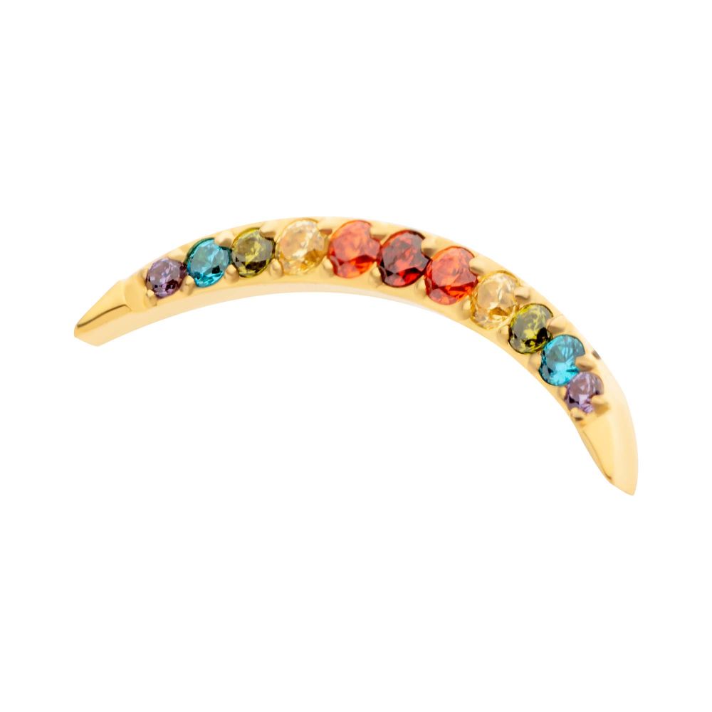 24Kt Gold PVD Titanium Internally Threaded Multicolor CZ Curved Bar Top