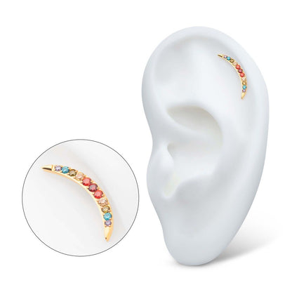 24Kt Gold PVD Titanium Internally Threaded Multicolor CZ Curved Bar Top