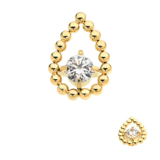 24Kt Gold PVD Titanium Internally Threaded Hollow Teardrop Shape Beads with Prong Set CZ Top