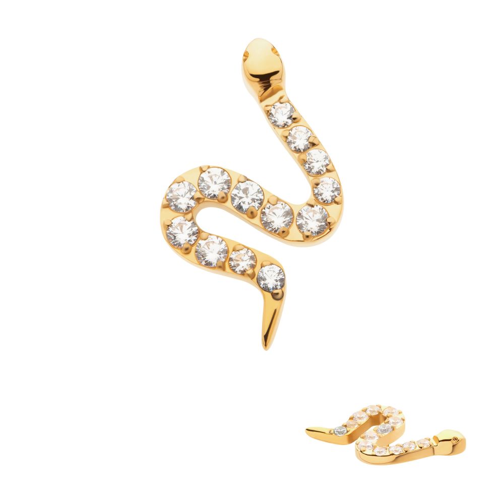 24Kt Gold PVD Titanium Internally Threaded Pave Set 13 Clear CZ Snake Top