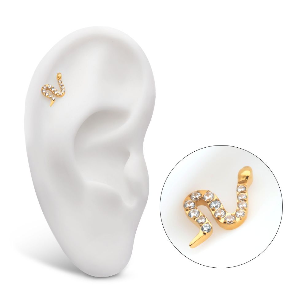 24Kt Gold PVD Titanium Internally Threaded Pave Set 13 Clear CZ Snake Top