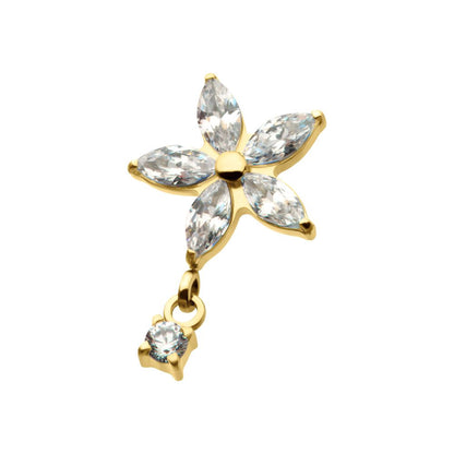 24Kt Gold PVD Titanium Internally Threaded 5 Marquise CZ Flower Shape Top with Dangle Prong Set Round CZ