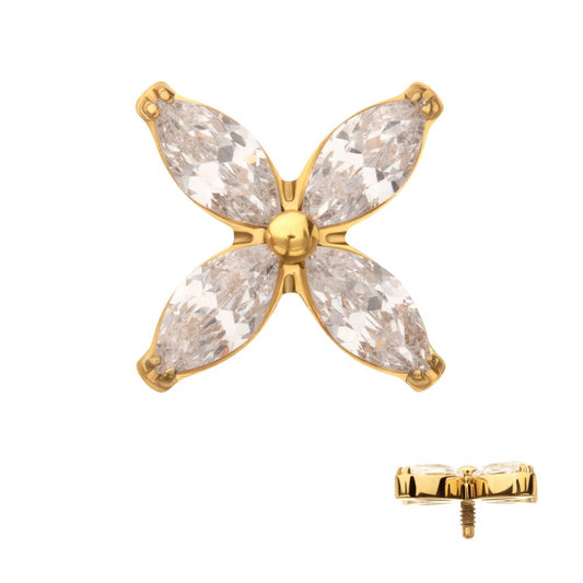 24Kt Gold PVD Titanium Internally Threaded 4-Marquise Flower Gem Top