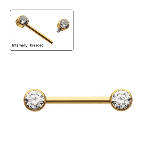 24Kt Gold PVD Titanium Internally Threaded Bezel Set Gem End Nipple Barbell (One Side Fixed, One Side Internally Threaded ) | Sold by piece