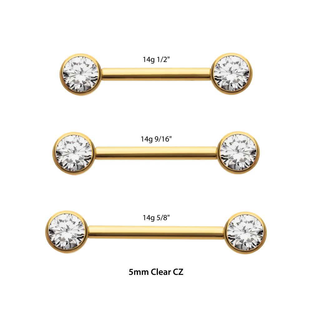 24Kt Gold PVD Titanium Internally Threaded Bezel Set Gem End Nipple Barbell (One Side Fixed, One Side Internally Threaded ) | Sold by piece