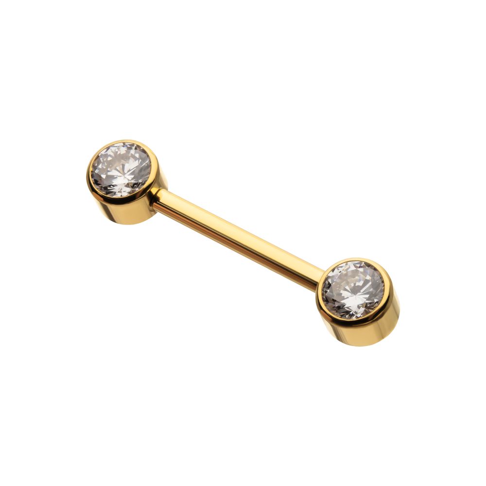 24Kt Gold PVD Titanium Internally Threaded Bezel Set Gem End Nipple Barbell (One Side Fixed, One Side Internally Threaded ) | Sold by piece