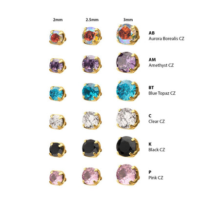 24Kt Gold PVD Titanium Internally Threaded Flat Base Low Profile 4 Prong Round Gem Top