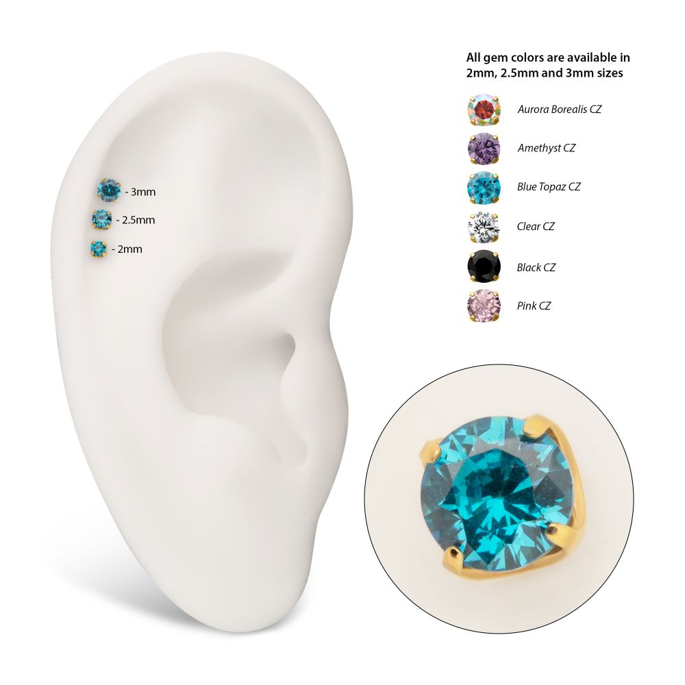 24Kt Gold PVD Titanium Internally Threaded Flat Base Low Profile 4 Prong Round Gem Top