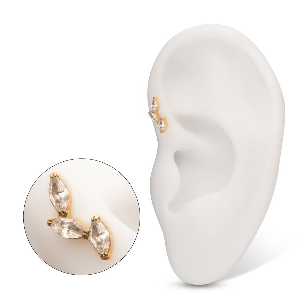 24Kt Gold PVD Titanium Threadless Vine Shape Top with 3-Tier Full Clear CZ Gem Marquise