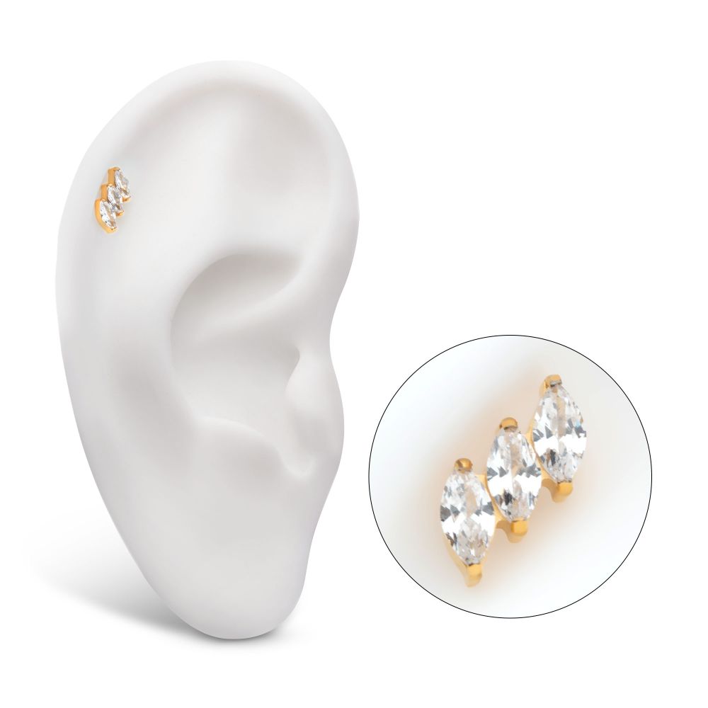 24Kt Gold PVD Titanium Threadless Prong Set Marquise CZ Diagonal 3-Cluster Top