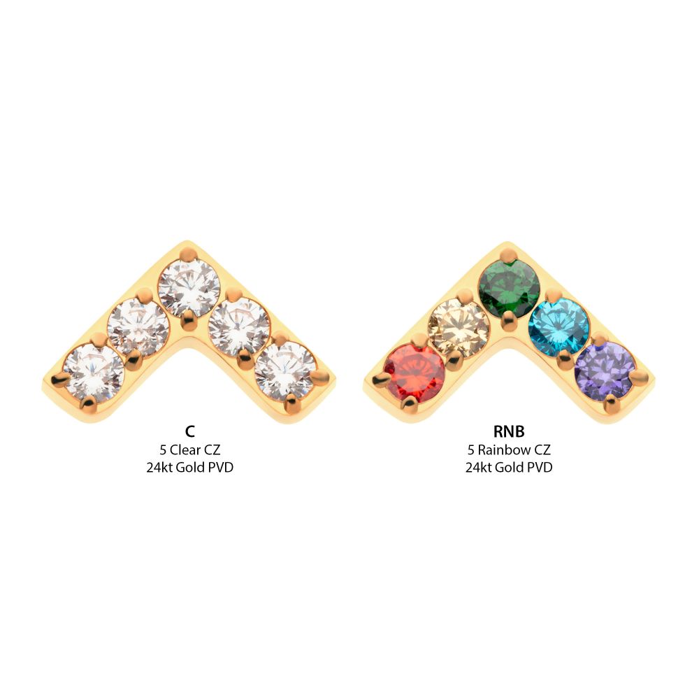 24Kt Gold PVD Titanium Threadless Prong Set  5 Round CZ Chevron Shape Top