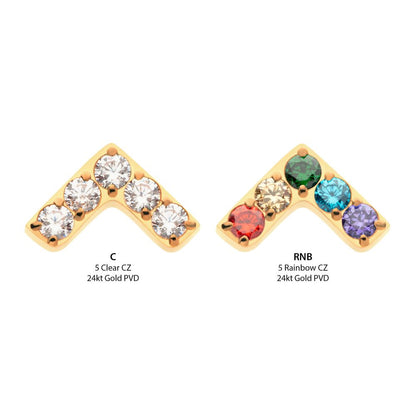 24Kt Gold PVD Titanium Threadless Prong Set  5 Round CZ Chevron Shape Top
