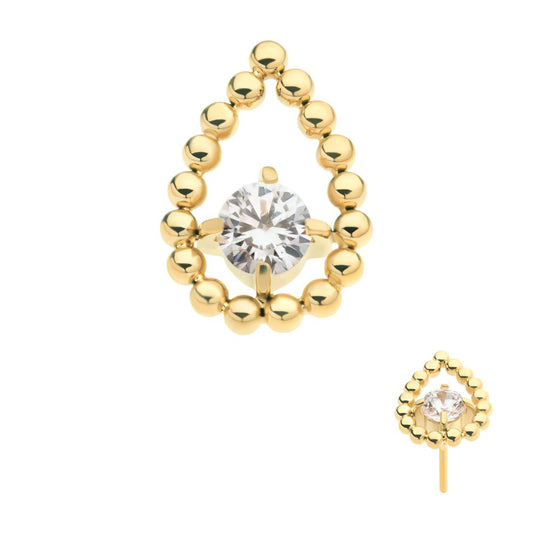 24Kt Gold PVD Titanium Threadless Hollow Teardrop Shape Beads with Prong Set CZ Top