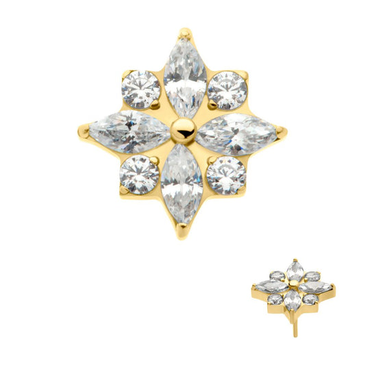 24Kt Gold PVD Titanium Threadless with 4 Marquise & 4 Round CZ Flower Shape Top