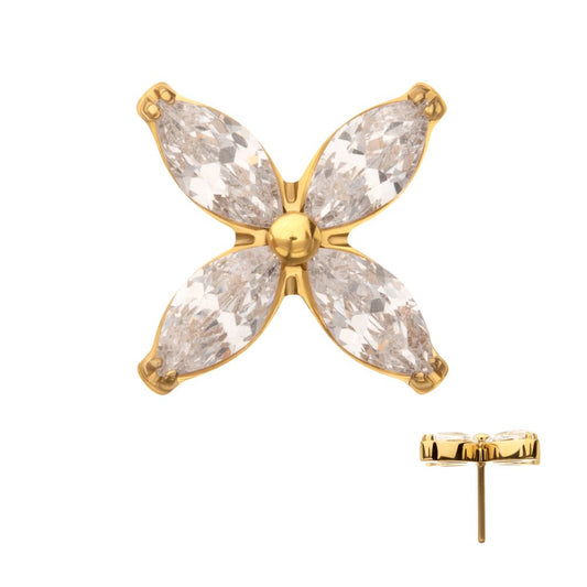 24Kt Gold PVD Titanium Threadless 4-Marquise Flower Gem Top