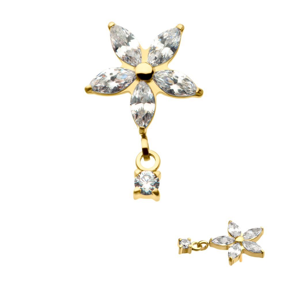 24Kt Gold PVD Titanium Threadless 5 Marquise CZ Flower Shape Top with Dangle Prong Set Round CZ