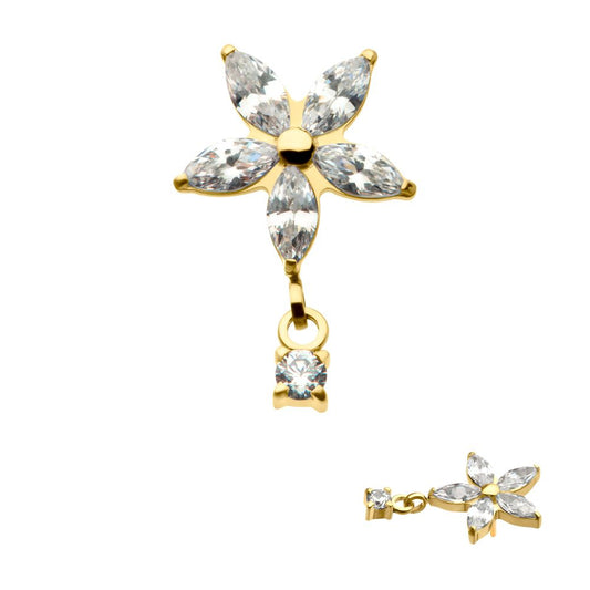 24Kt Gold PVD Titanium Threadless 5 Marquise CZ Flower Shape Top with Dangle Prong Set Round CZ