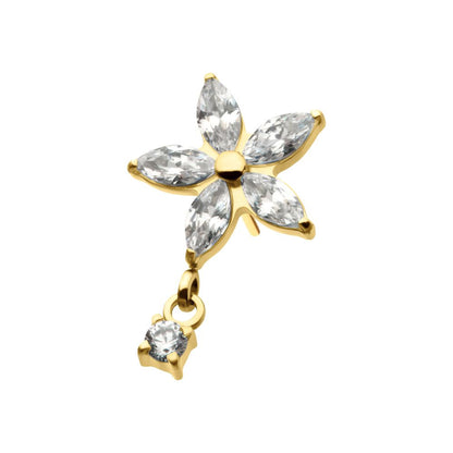 24Kt Gold PVD Titanium Threadless 5 Marquise CZ Flower Shape Top with Dangle Prong Set Round CZ