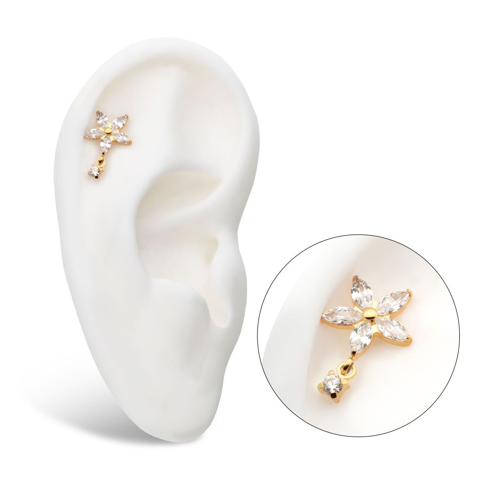 24Kt Gold PVD Titanium Threadless 5 Marquise CZ Flower Shape Top with Dangle Prong Set Round CZ