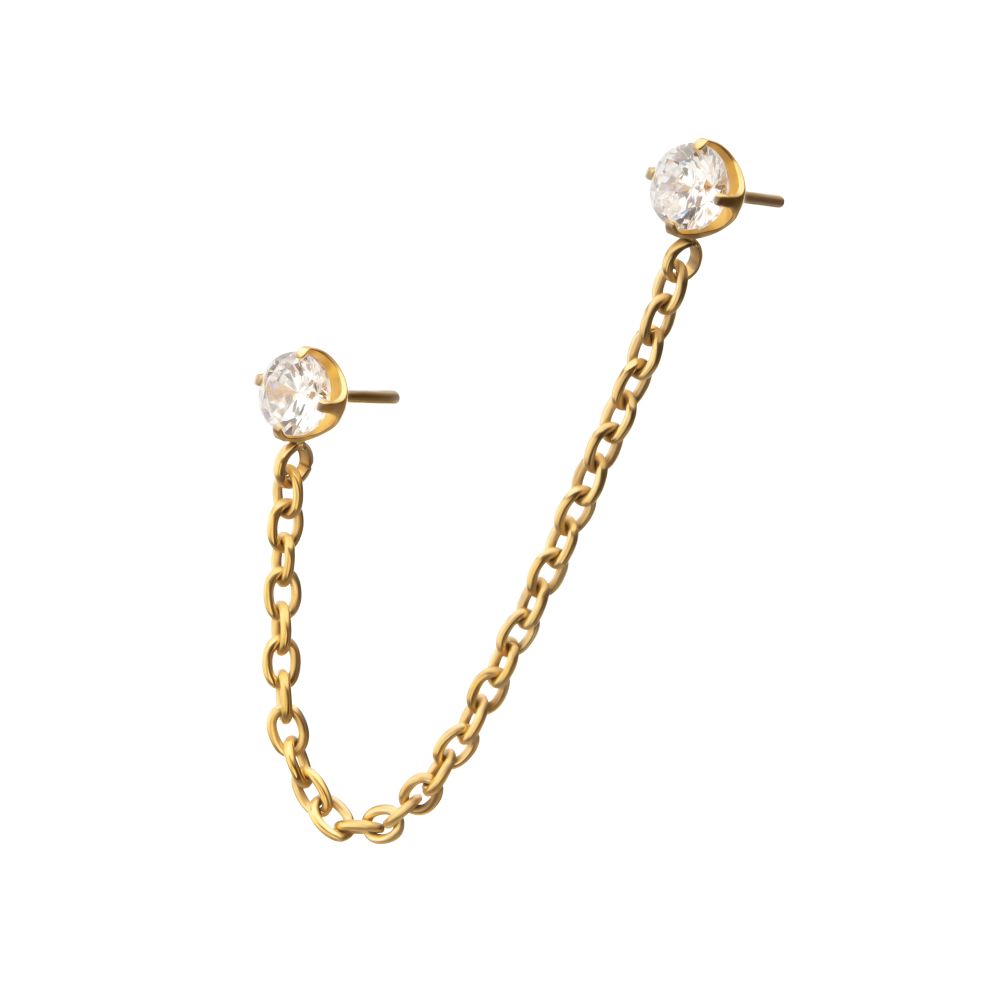 24Kt Gold PVD Titanium Threadless Double Prong Set Gem Top with Rolo Chain Dangle