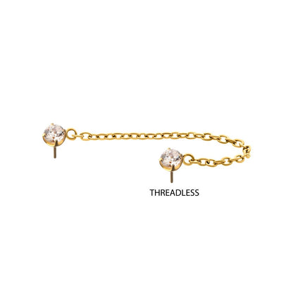 24Kt Gold PVD Titanium Threadless Double Prong Set Gem Top with Rolo Chain Dangle