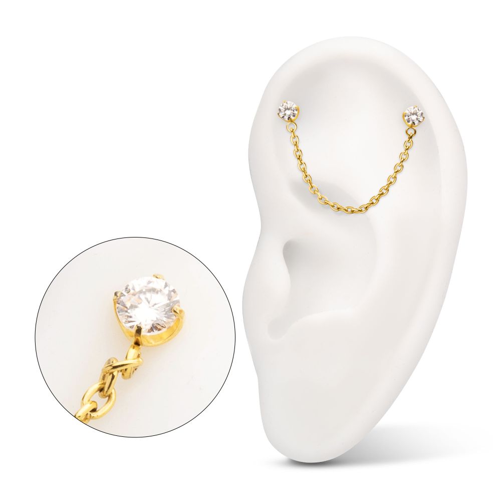 24Kt Gold PVD Titanium Threadless Double Prong Set Gem Top with Rolo Chain Dangle