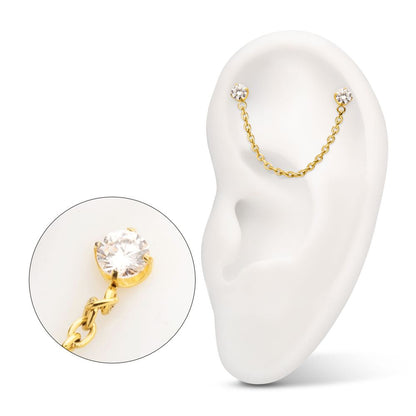 24Kt Gold PVD Titanium Threadless Double Prong Set Gem Top with Rolo Chain Dangle