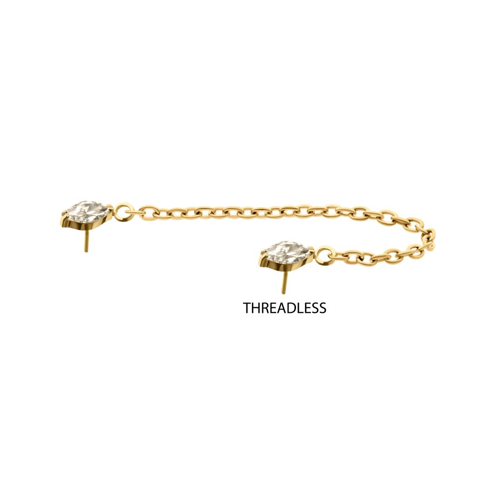 24Kt Gold PVD Titanium Threadless Double Prong Set Marquise Gem Top with Rolo Chain Dangle