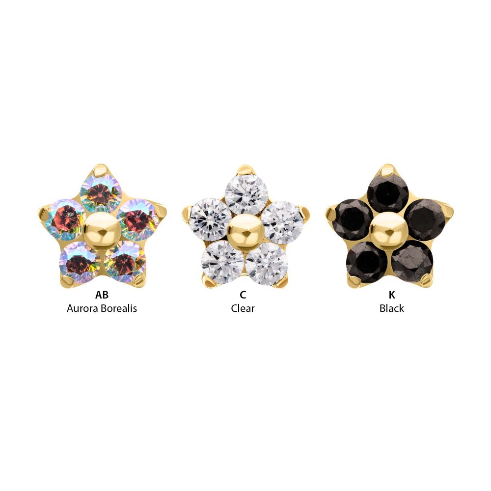 24Kt Gold PVD Titanium Threadless Prong Set Gem 5-Petal Flower Top