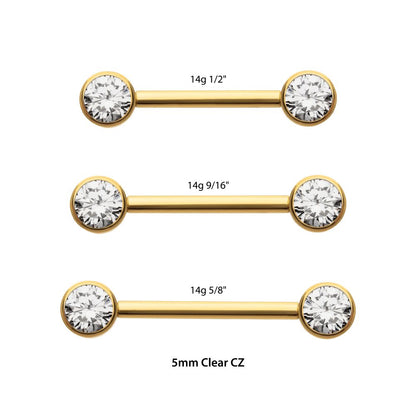 24Kt Gold PVD Titanium Threadless Bezel Set Gem End Nipple Barbell (One Side Fixed, One Side Threadless ) | Sold by piece