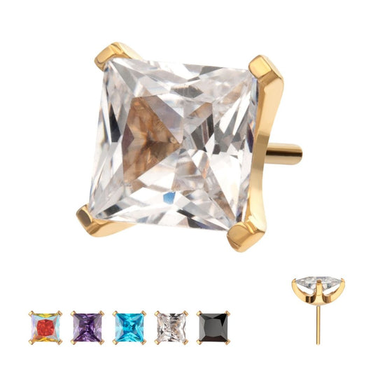24Kt Gold PVD Titanium Threadless 4 Prong Princess Cut Gem Top