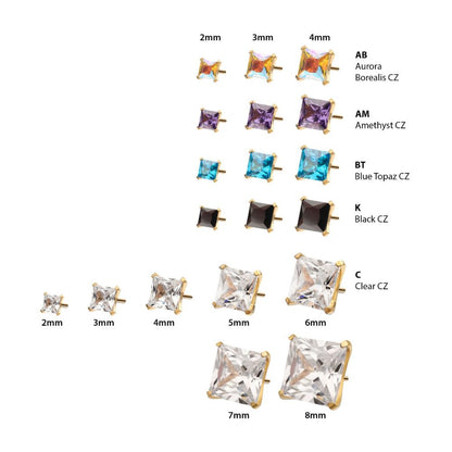 24Kt Gold PVD Titanium Threadless 4 Prong Princess Cut Gem Top