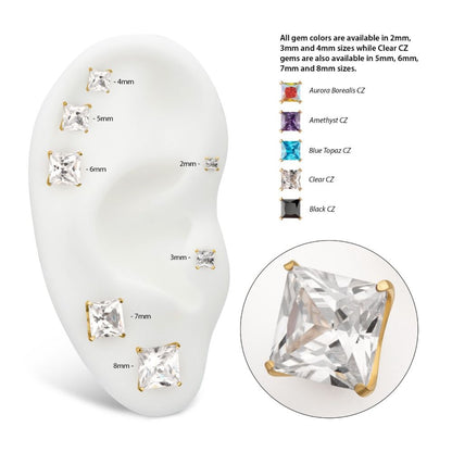24Kt Gold PVD Titanium Threadless 4 Prong Princess Cut Gem Top