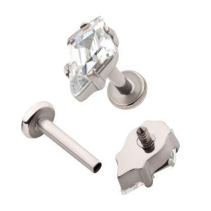 Titanium Internally Threaded Flat Base Labret with Prong Set Kite Shape CZ Top