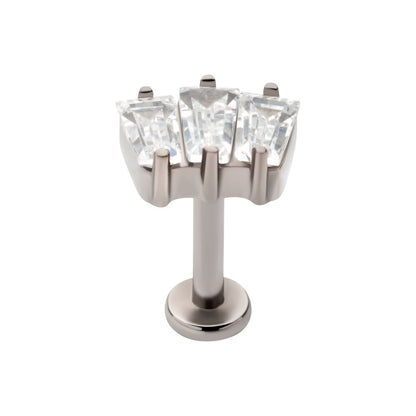 Titanium Internally Threaded Flat Base Labret with Prong Set Baguette CZ 3-Cluster Top
