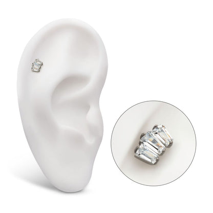 Titanium Internally Threaded Flat Base Labret with Prong Set Baguette CZ 3-Cluster Top
